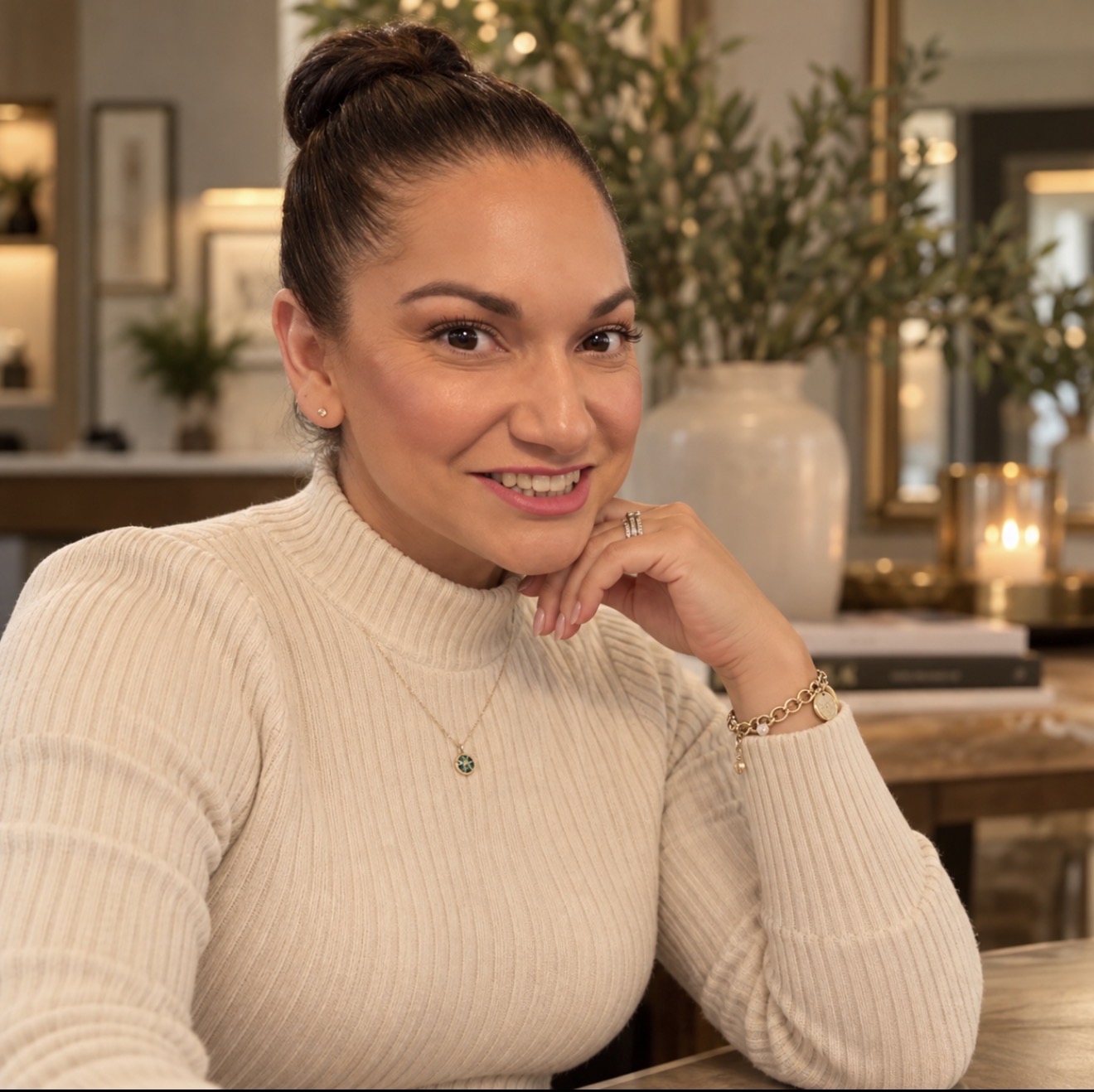 Patricia, founder of Norelia House, in her approved cream sweater portrait