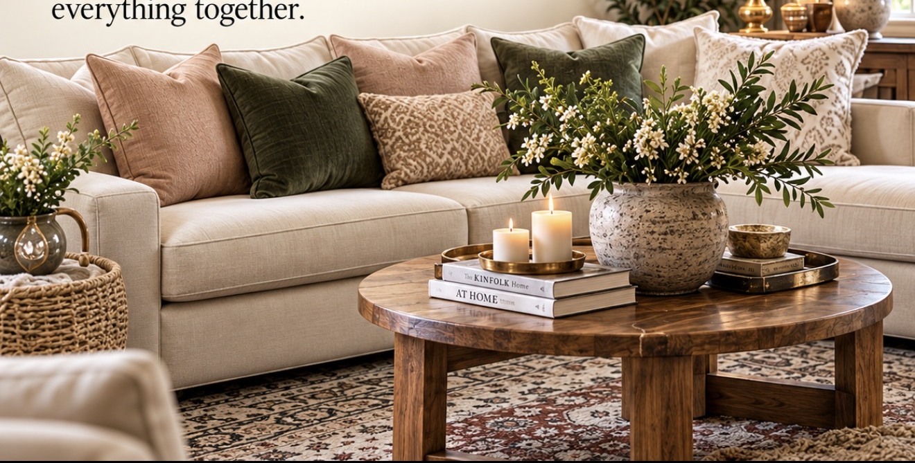 Cozy cream living room with olive pillows and warm wood furniture